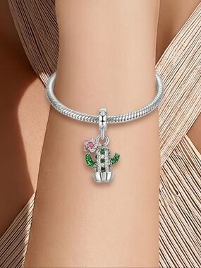 Saguaro Cactus Rhinestone Charm Pendant Green Pink Flower Southwest Jewelry Chic